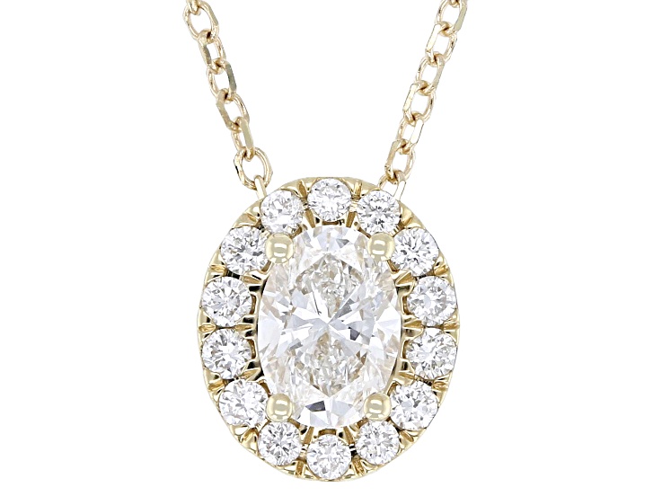 Oval and Round White Lab-Grown Diamond H SI1 10K Yellow Gold Halo Necklace 0.50ctw