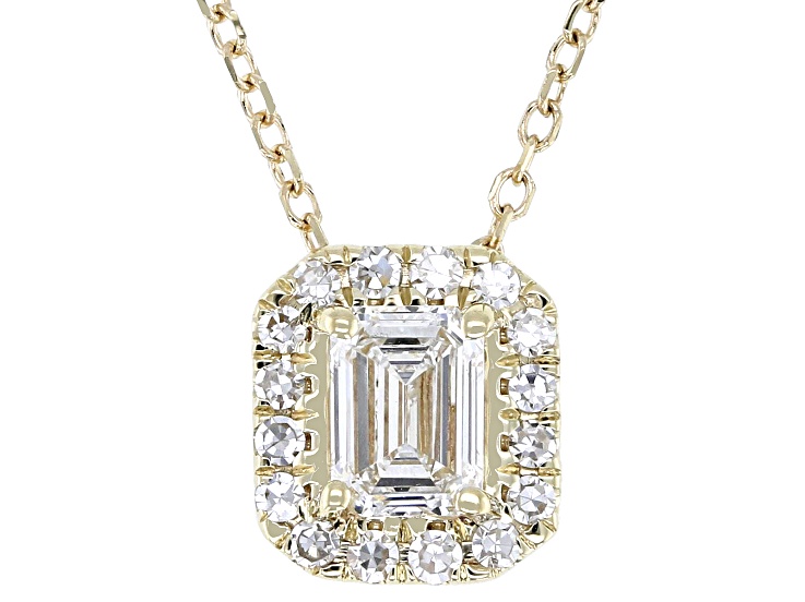 Emerald Cut and Round White Lab-Grown Diamond H SI1 10K Yellow Gold Halo Necklace 0.50ctw