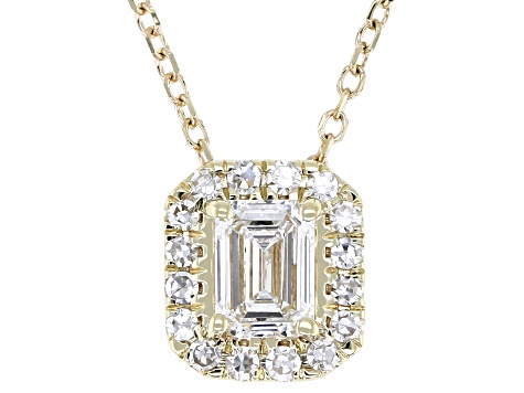 Emerald Cut and Round White Lab-Grown Diamond H SI1 10K Yellow Gold Halo Necklace 0.50ctw