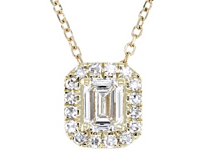 Emerald Cut and Round White Lab-Grown Diamond H SI1 10K Yellow Gold Halo Necklace 0.50ctw