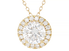 Certified Round White Lab-Grown Diamond H SI2 10K Yellow Gold Halo Pendant With Chain 1.20ctw