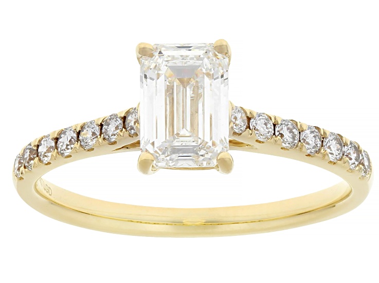 Certified Emerald Cut and Round White Lab-Grown Diamond H SI2 10K Yellow Gold Ring 1.25ctw