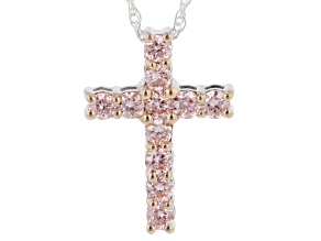 Round Pink Lab-Grown Diamond Rhodium Over Sterling Silver Cross Pendant With Chain 0.50ctw