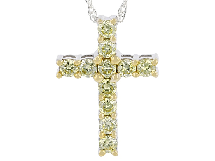 Round Yellow Lab-Grown Diamond Rhodium Over Sterling Silver Cross Pendant With Chain 0.50ctw