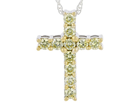 Round Yellow Lab-Grown Diamond Rhodium Over Sterling Silver Cross Pendant With Chain 0.50ctw