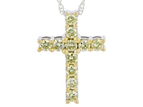 Round Yellow Lab-Grown Diamond Rhodium Over Sterling Silver Cross Pendant With Chain 0.50ctw