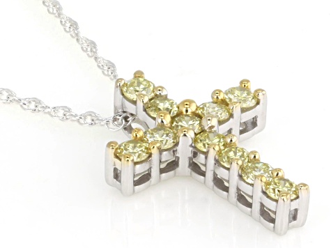 Round Yellow Lab-Grown Diamond Rhodium Over Sterling Silver Cross Pendant With Chain 0.50ctw
