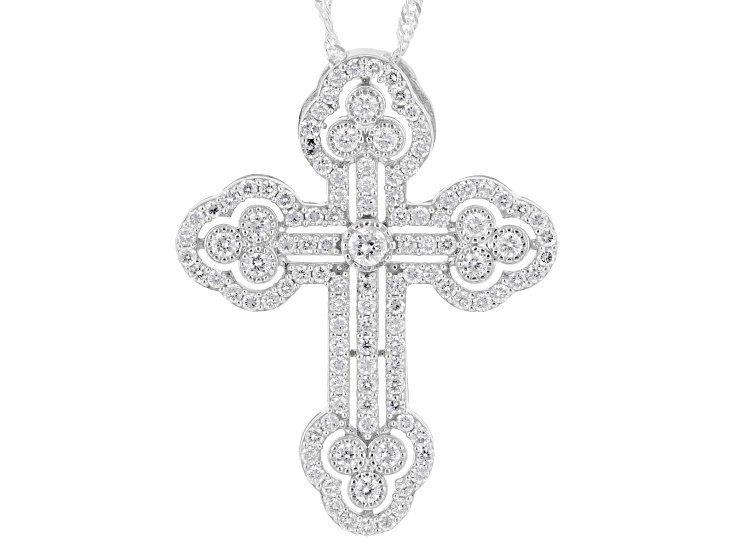 Round White Lab-Grown Diamond H SI Rhodium Over Sterling Silver Cross Pendant With Chain 1.40ctw