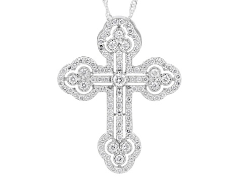 Round White Lab-Grown Diamond H SI Rhodium Over Sterling Silver Cross Pendant With Chain 1.40ctw