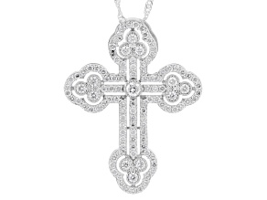 Round White Lab-Grown Diamond H SI Rhodium Over Sterling Silver Cross Pendant With Chain 1.40ctw