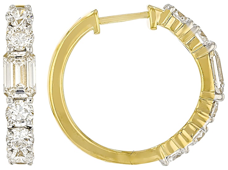 Round and Emerald Cut White Lab-Grown Diamond H SI 14K Yellow Gold Over Silver Hoop Earrings 2.75ctw