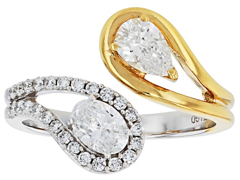 Pear, Oval and Round White Lab-Grown Diamond H SI Rhodium and 14K YG Over Silver Ring 1.00ctw