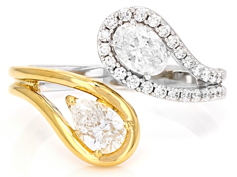 Pear, Oval and Round White Lab-Grown Diamond H SI Rhodium and 14K YG Over Silver Ring 1.00ctw