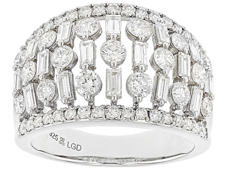 Round and Baguette White Lab-Grown Diamond H SI Rhodium Over Sterling Silver Ring 2.00ctw