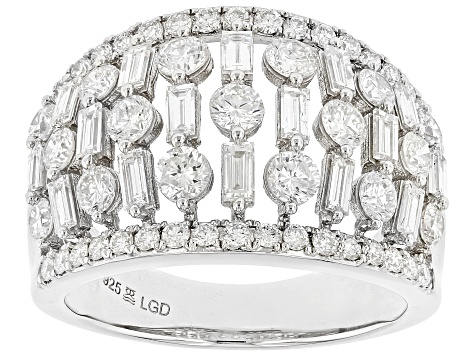 Round and Baguette White Lab-Grown Diamond H SI Rhodium Over Sterling Silver Ring 2.00ctw