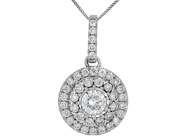 Round White Lab-Grown Diamond G-H SI1 10K White Gold Halo Pendant With Chain 1.00ctw