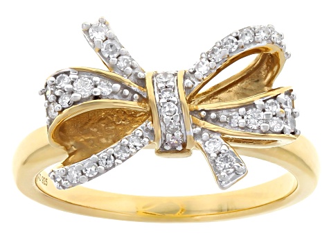 Round White Lab-Grown Diamond G-H SI 14K Yellow Gold Over Sterling Silver Bow Ring 0.20ctw