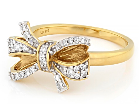 Round White Lab-Grown Diamond G-H SI 14K Yellow Gold Over Sterling Silver Bow Ring 0.20ctw
