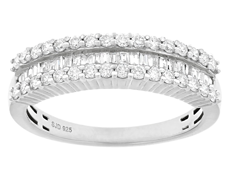 Round and Baguette Lab-Grown Diamond G-H SI Rhodium Over Sterling Silver Band Ring 0.55ctw