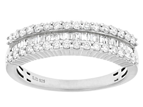 Round and Baguette Lab-Grown Diamond G-H SI Rhodium Over Sterling Silver Band Ring 0.55ctw