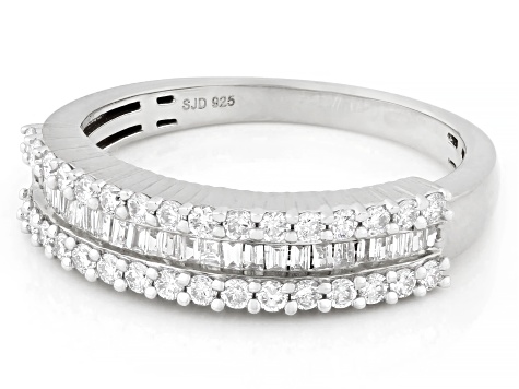 Round and Baguette Lab-Grown Diamond G-H SI Rhodium Over Sterling Silver Band Ring 0.55ctw