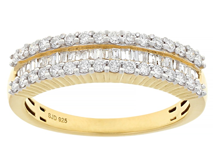 Round and Baguette Lab-Grown Diamond G-H SI 14K Yellow Gold Over Sterling Silver Band Ring 0.55ctw