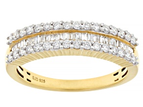 Round and Baguette Lab-Grown Diamond G-H SI 14K Yellow Gold Over Sterling Silver Band Ring 0.55ctw