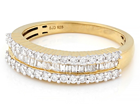 Round and Baguette Lab-Grown Diamond G-H SI 14K Yellow Gold Over Sterling Silver Band Ring 0.55ctw
