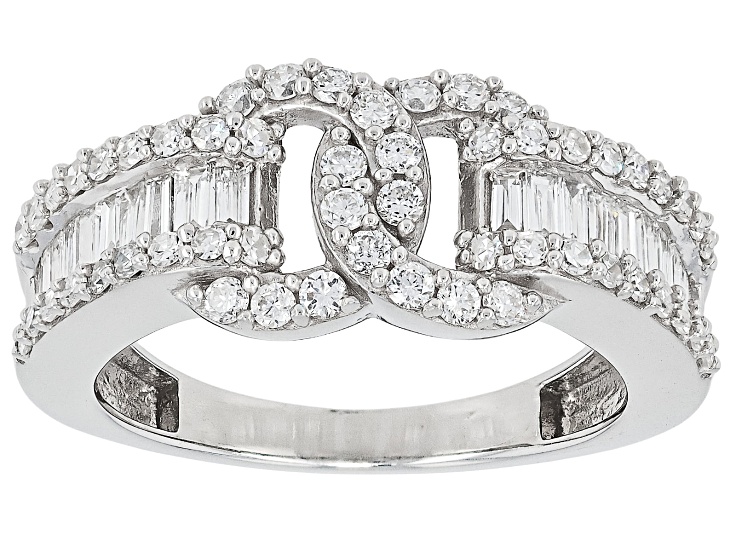 Round and Baguette Lab-Grown Diamond G-H SI Rhodium Over Sterling Silver Ring 1.00ctw