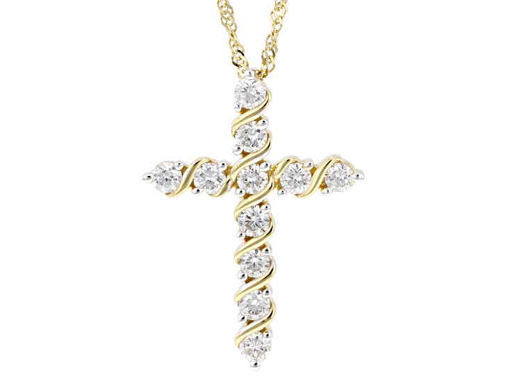 Round White Lab-Grown Diamond G-H SI 14K Yellow Gold Over Silver Cross Pendant With Chain 1.20ctw