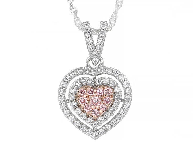 Pink and White Lab-Grown Diamond SI Rhodium Over Silver Heart