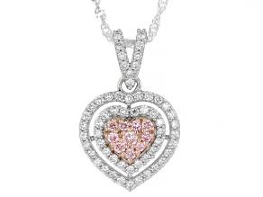 Pink and White Lab-Grown Diamond SI Rhodium Over Silver Heart Dangle Pendant With Chain 0.85ctw