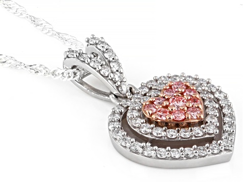 Pink and White Lab-Grown Diamond SI Rhodium Over Silver Heart