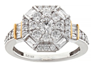 White Lab-Grown Diamond G-H SI Rhodium and 14K Yellow Gold Over Sterling Silver Halo Ring 1.20ctw