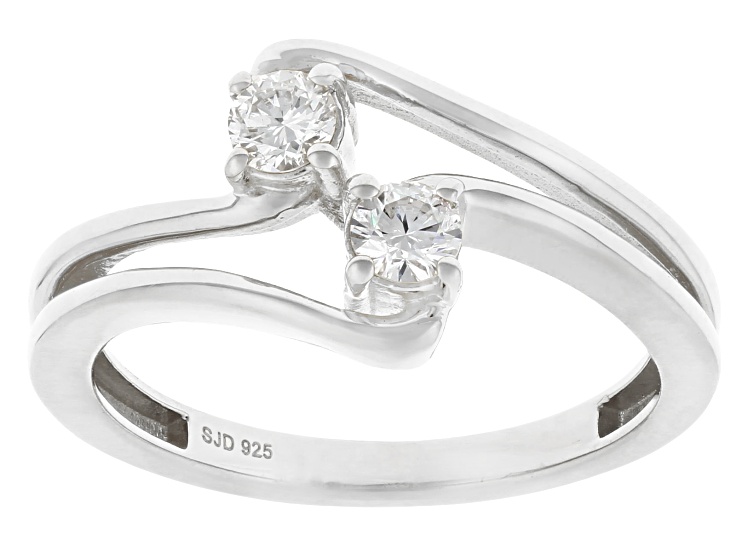 Round White Lab-Grown Diamond G-H SI Rhodium Over Sterling Silver 2-Stone Bypass Ring 0.30ctw