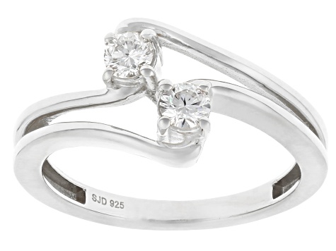 Round White Lab-Grown Diamond G-H SI Rhodium Over Sterling Silver 2-Stone Bypass Ring 0.30ctw