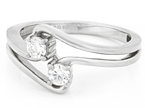 Round White Lab-Grown Diamond G-H SI Rhodium Over Sterling Silver 2-Stone Bypass Ring 0.30ctw