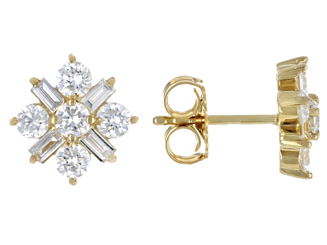Round and Baguette White Lab-Grown Diamond G-H SI 14K Yellow Gold Over Silver Stud Earrings 1.30ctw