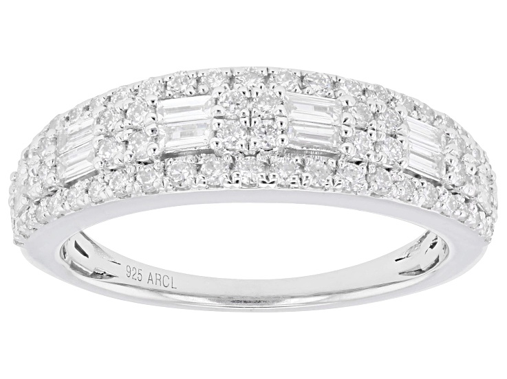 Round and Baguette White Lab-Grown Diamond F-G VS Rhodium Over Sterling Silver Band Ring 0.70ctw