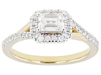 Picture of Emerald Cut and Round Lab-Grown Diamond F-G VS 14K Yellow Gold Over Sterling Silver Halo Ring .75ctw