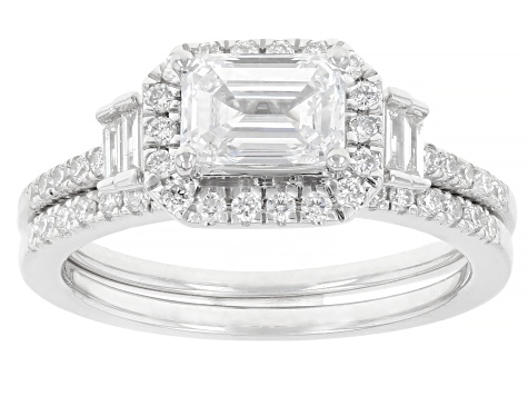 Lab-Grown Diamond F-G VS Rhodium Over Sterling Silver Halo Ring With Band 1.45ctw