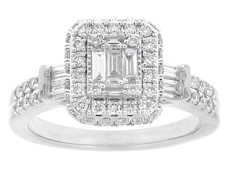 Baguette and Round White Lab-Grown Diamond F-G VS Rhodium Over Sterling Silver Ring 0.90ctw