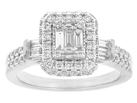 Baguette and Round White Lab-Grown Diamond F-G VS Rhodium Over Sterling Silver Ring 0.90ctw