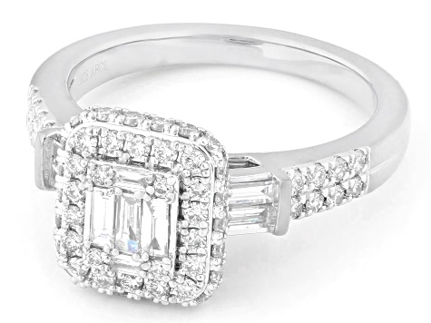 Baguette and Round White Lab-Grown Diamond F-G VS Rhodium Over Sterling Silver Ring 0.90ctw