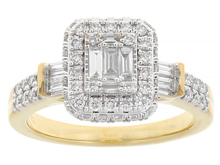 Baguette and Round White Lab-Grown Diamond F-G VS 14K Yellow Gold Over Sterling Silver Ring 0.90ctw