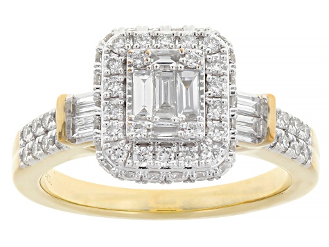 Baguette and Round White Lab-Grown Diamond F-G VS 14K Yellow Gold Over Sterling Silver Ring 0.90ctw