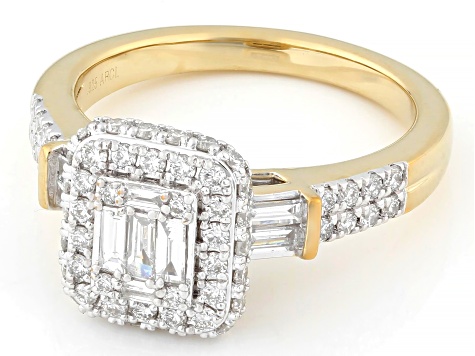 Baguette and Round White Lab-Grown Diamond F-G VS 14K Yellow Gold Over Sterling Silver Ring 0.90ctw