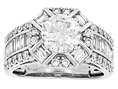 Certified Round and Baguette White Lab-Grown Diamond F-G VS 10K White Gold Halo Ring 2.50ctw