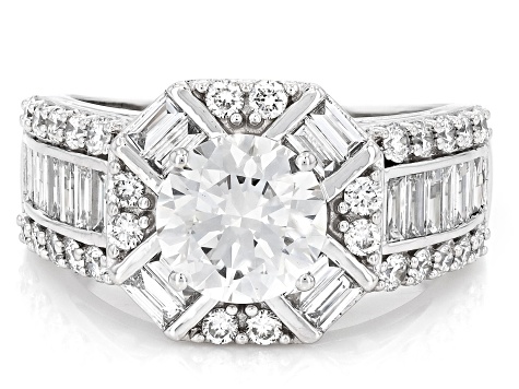 Certified Round and Baguette White Lab-Grown Diamond F-G VS 10K White Gold Halo Ring 2.50ctw