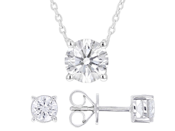 Round Lab-Grown Diamond G-H VS Rhodium Over Silver Solitaire Necklace and Stud Earrings 2.25ctw